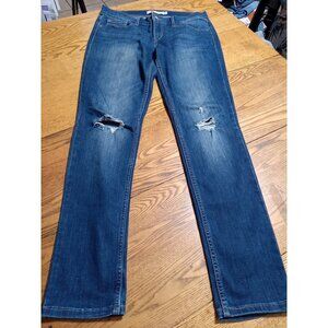 LEVI 524 Jeans Womens 11 BLUE SKINNY Preowned Used Distressed Holes Ripped Dark